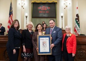 In this photo (from left to right): Assemblywoman Susan A. Bonilla, Assemblywoman Connie Conway, Assembly District 14 “Woman of the Year” Cindy Gershen, Speaker of the Assembly John A. Pérez and Assemblywoman Bonnie Lowenthal.